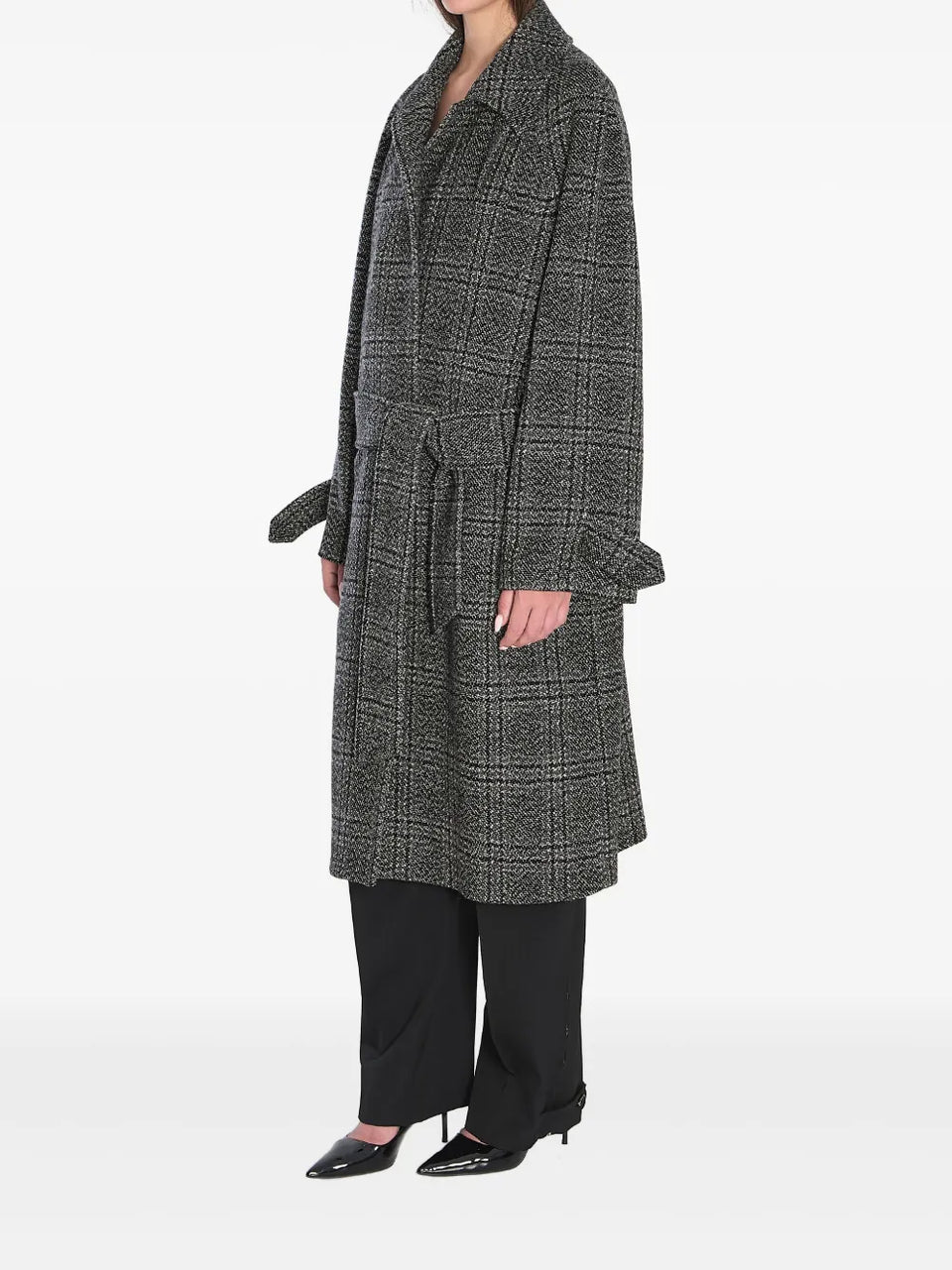One Layer checked belted coat