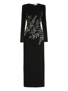 fern-embroidered long-sleeve gown