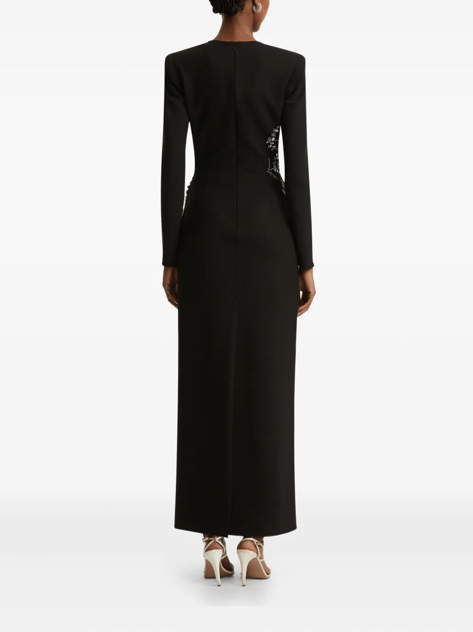 fern-embroidered long-sleeve gown
