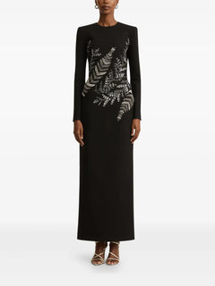 fern-embroidered long-sleeve gown