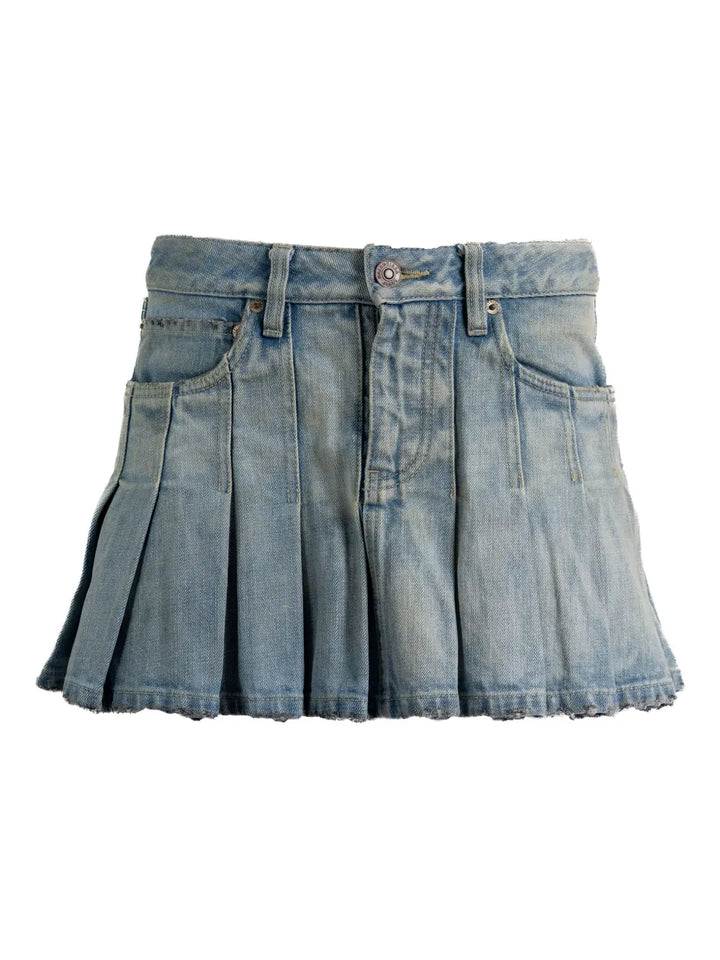 pleated denim mini skirt