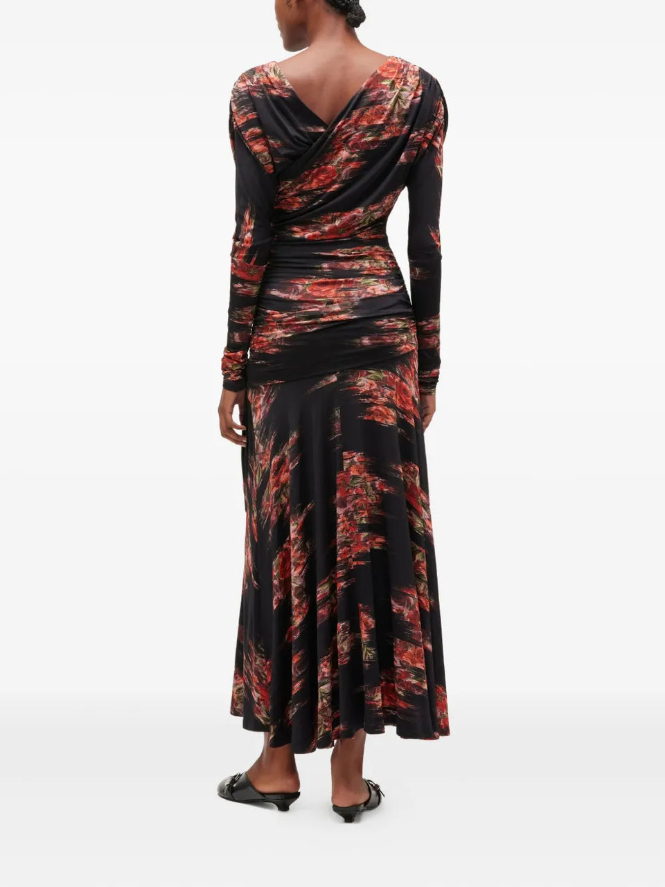 floral-print ruched midi dress