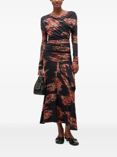 floral-print ruched midi dress