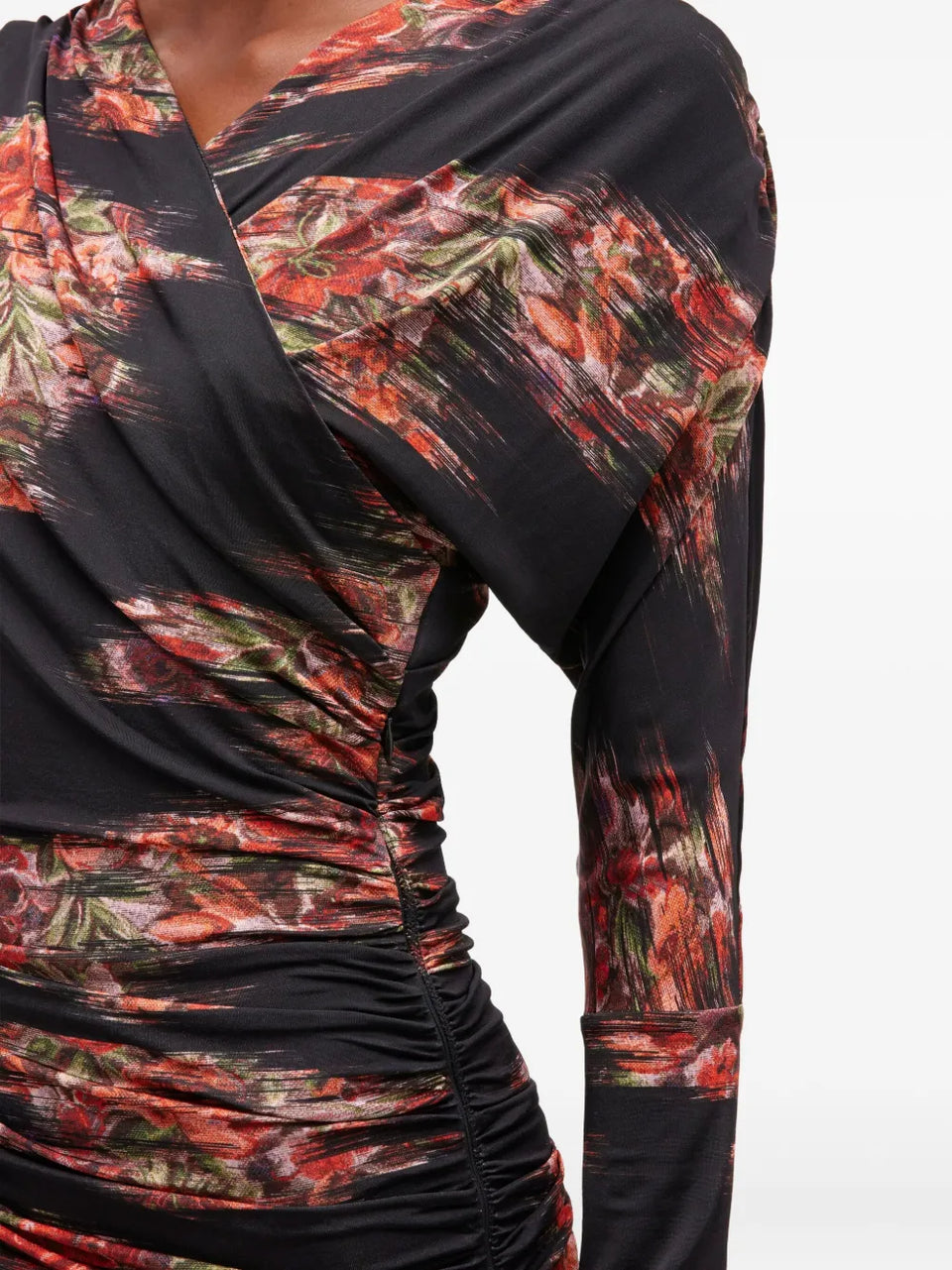 floral-print ruched midi dress