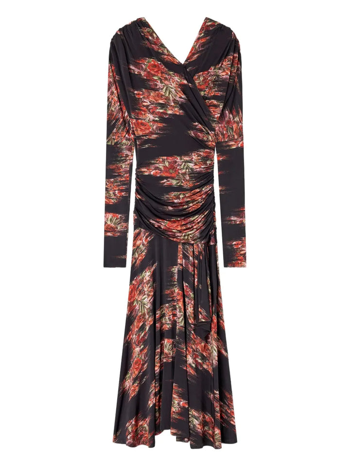 floral-print ruched midi dress
