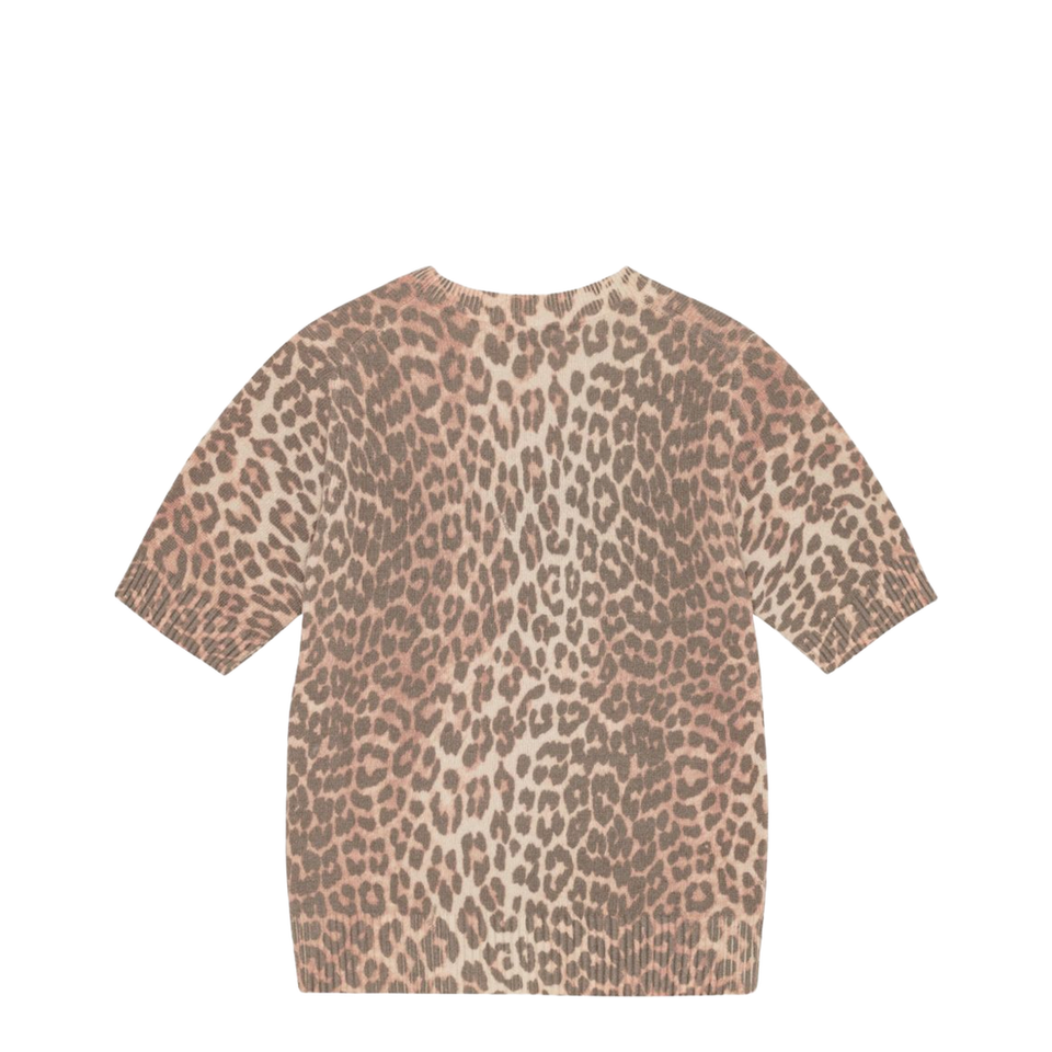 Beige Crew Neck Shorts Sleeves Leopard Print Ribbed Trim