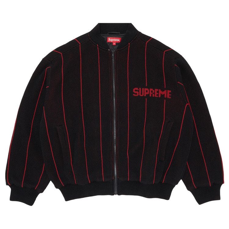 Supreme Pinstripe Varsity Zip Up Sweater Black