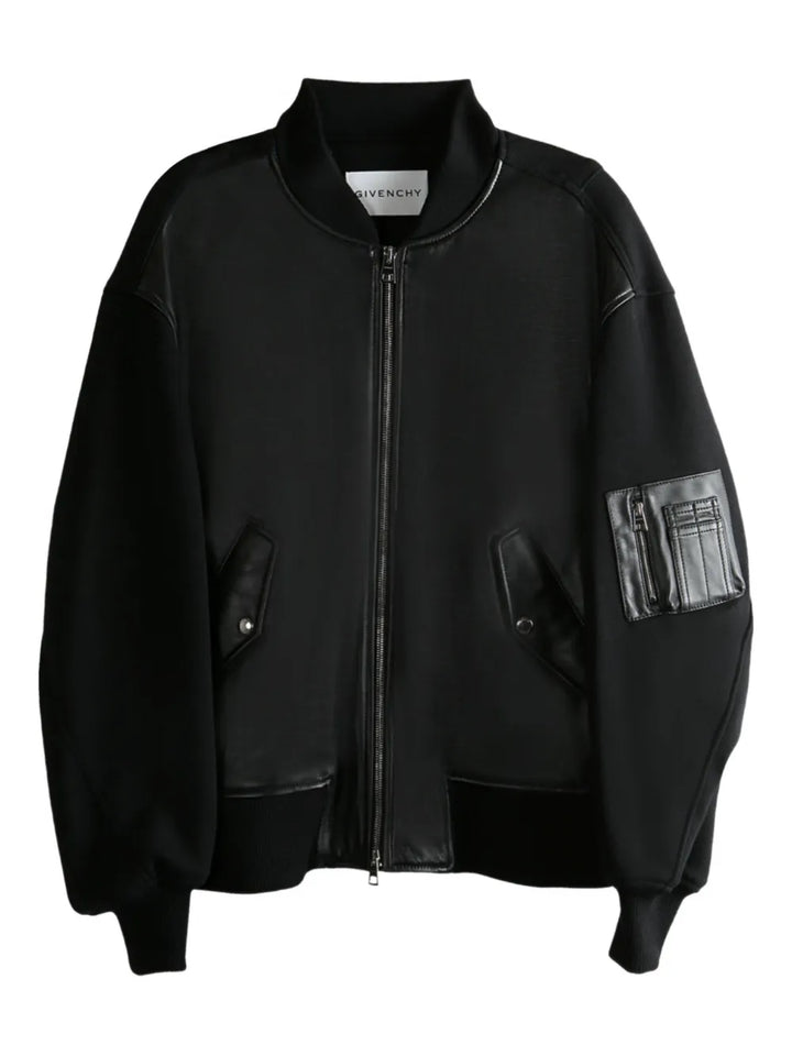 leather-paneled bomber jacket