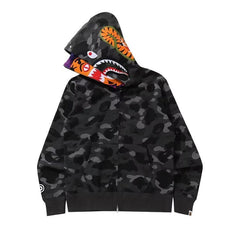 BAPE Color Camo Tiger Shark Wide Full Zip Double Hoodie Black