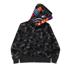 BAPE Color Camo Tiger Shark Wide Full Zip Double Hoodie Black