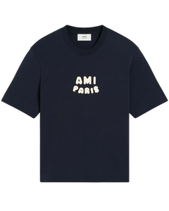 AMI Paris cotton T-Shirt with a front logo patch navy blue