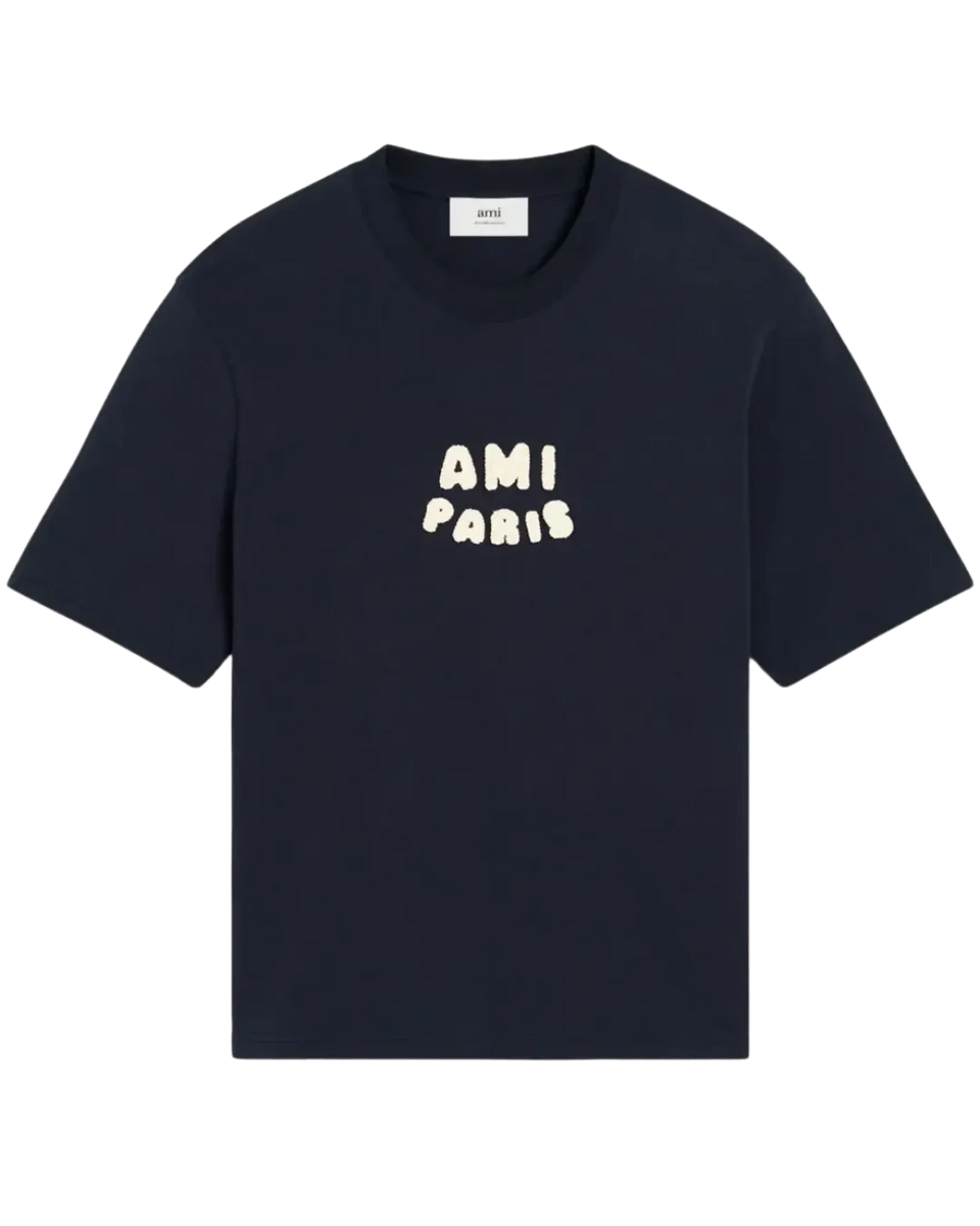 AMI Paris cotton T-Shirt with a front logo patch navy blue