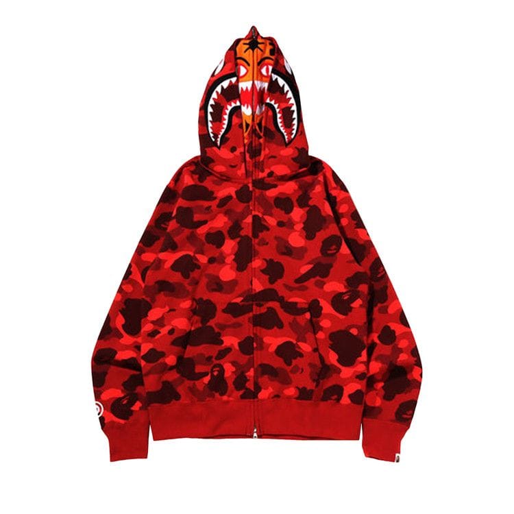 BAPE Color Camo Tiger Shark Wide Full Zip Double Hoodie Red