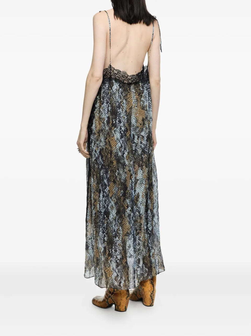 snake-print lace-trimmed midi dress