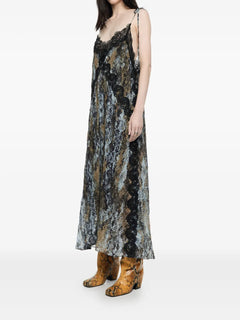 snake-print lace-trimmed midi dress