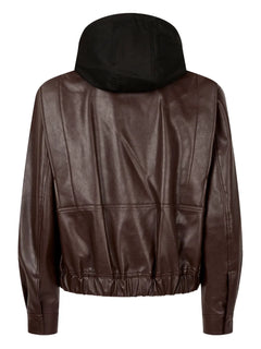 faux-leather hooded jacket