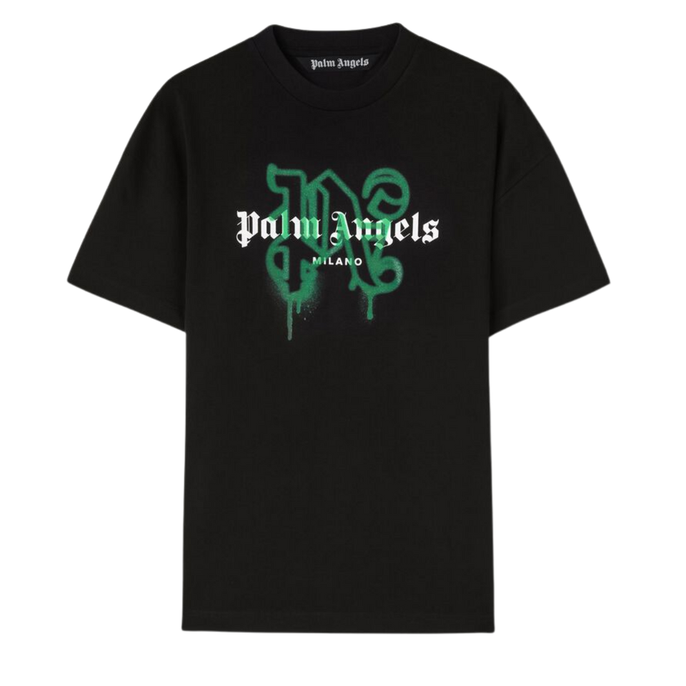 Palm Angels Milano Monogram Sprayed Logo T-Shirt In Black/Green Cotton