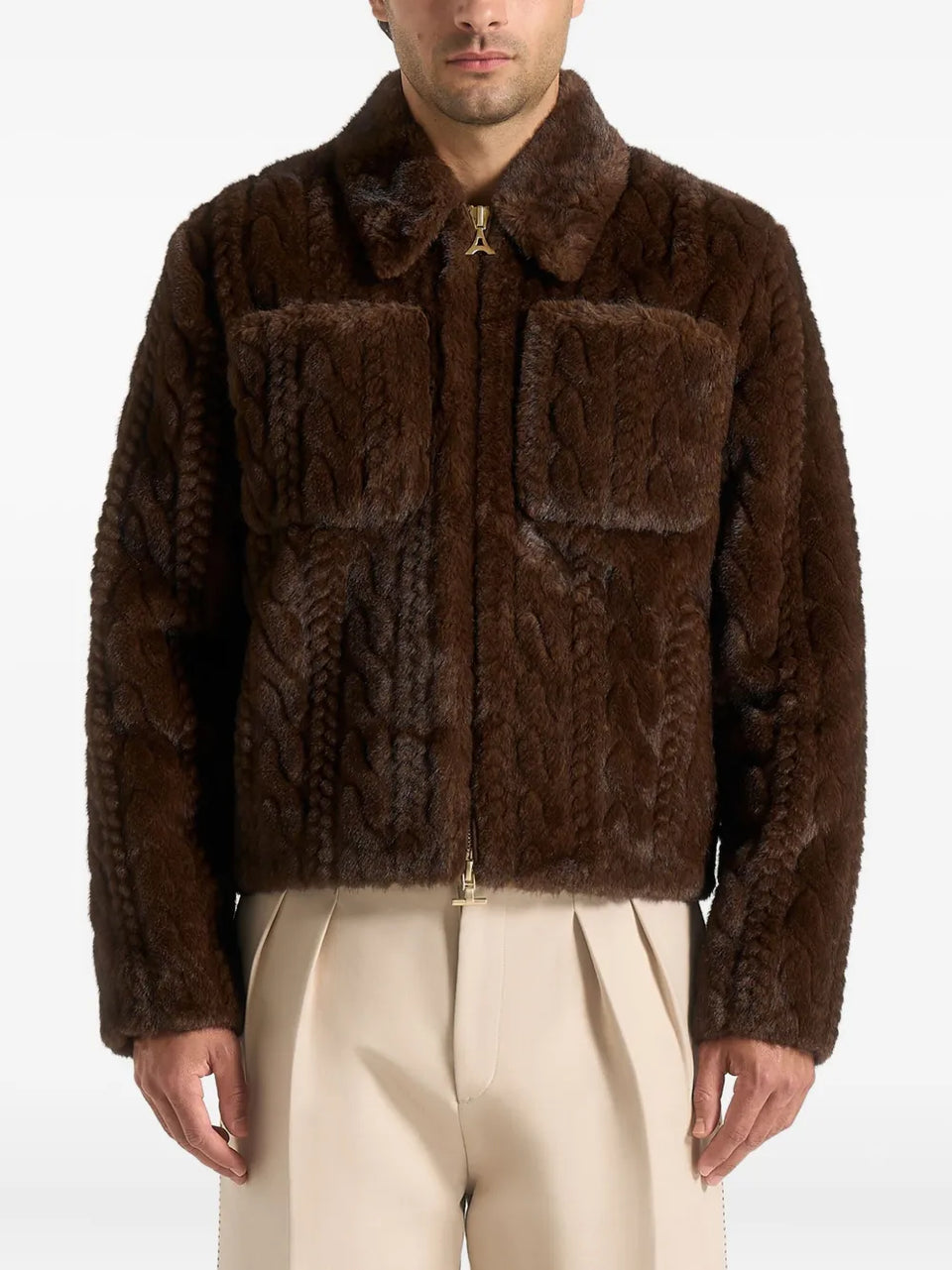 David cable-embossed brown jacket