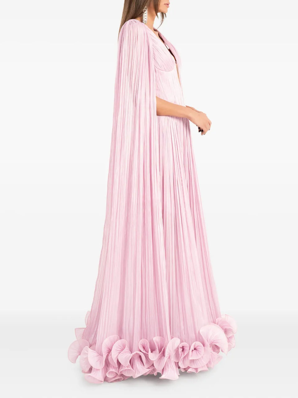 cape-pleated ruffle maxi dress