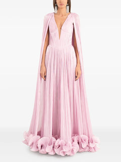 cape-pleated ruffle maxi dress
