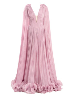 cape-pleated ruffle maxi dress
