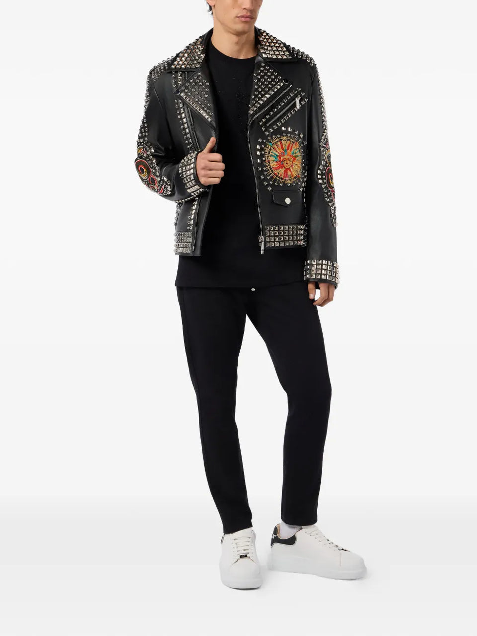 studded embroidered leather jacket