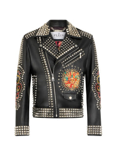 studded embroidered leather jacket