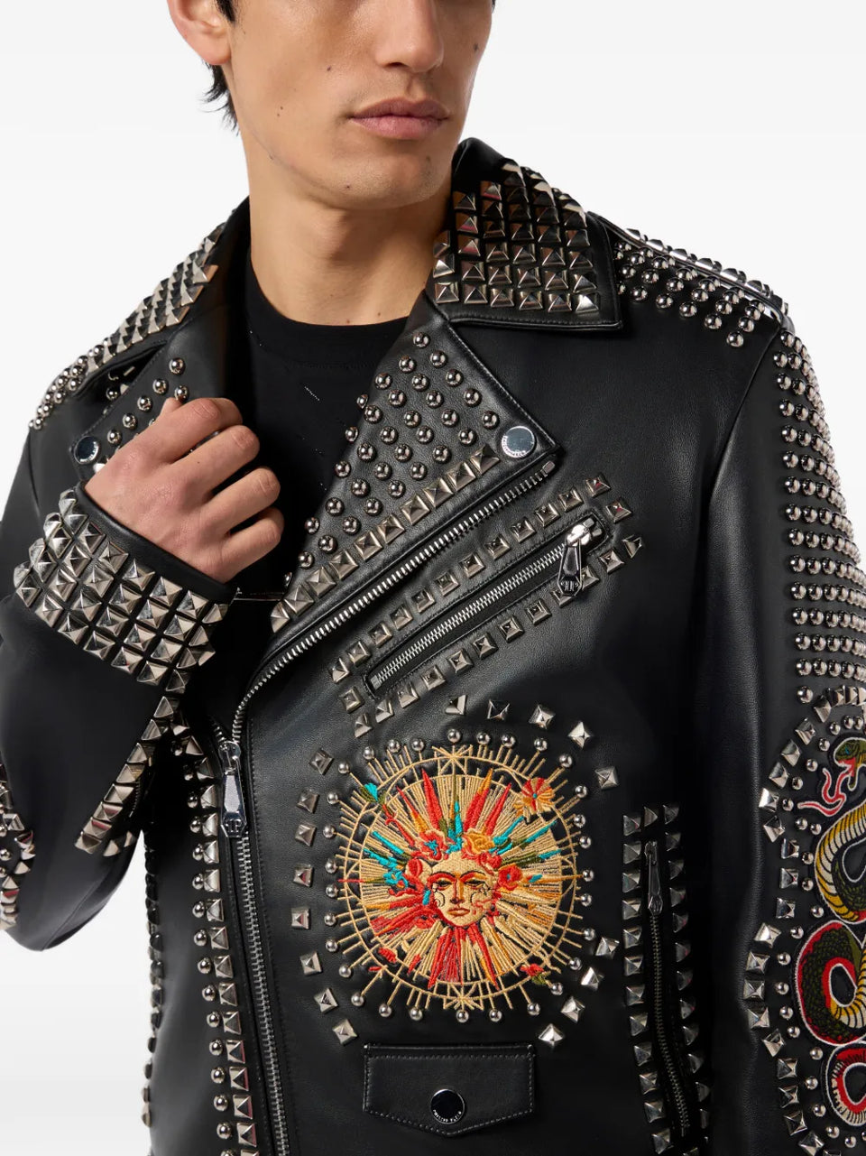 studded embroidered leather jacket