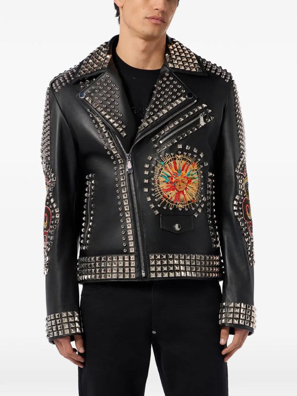 studded embroidered leather jacket