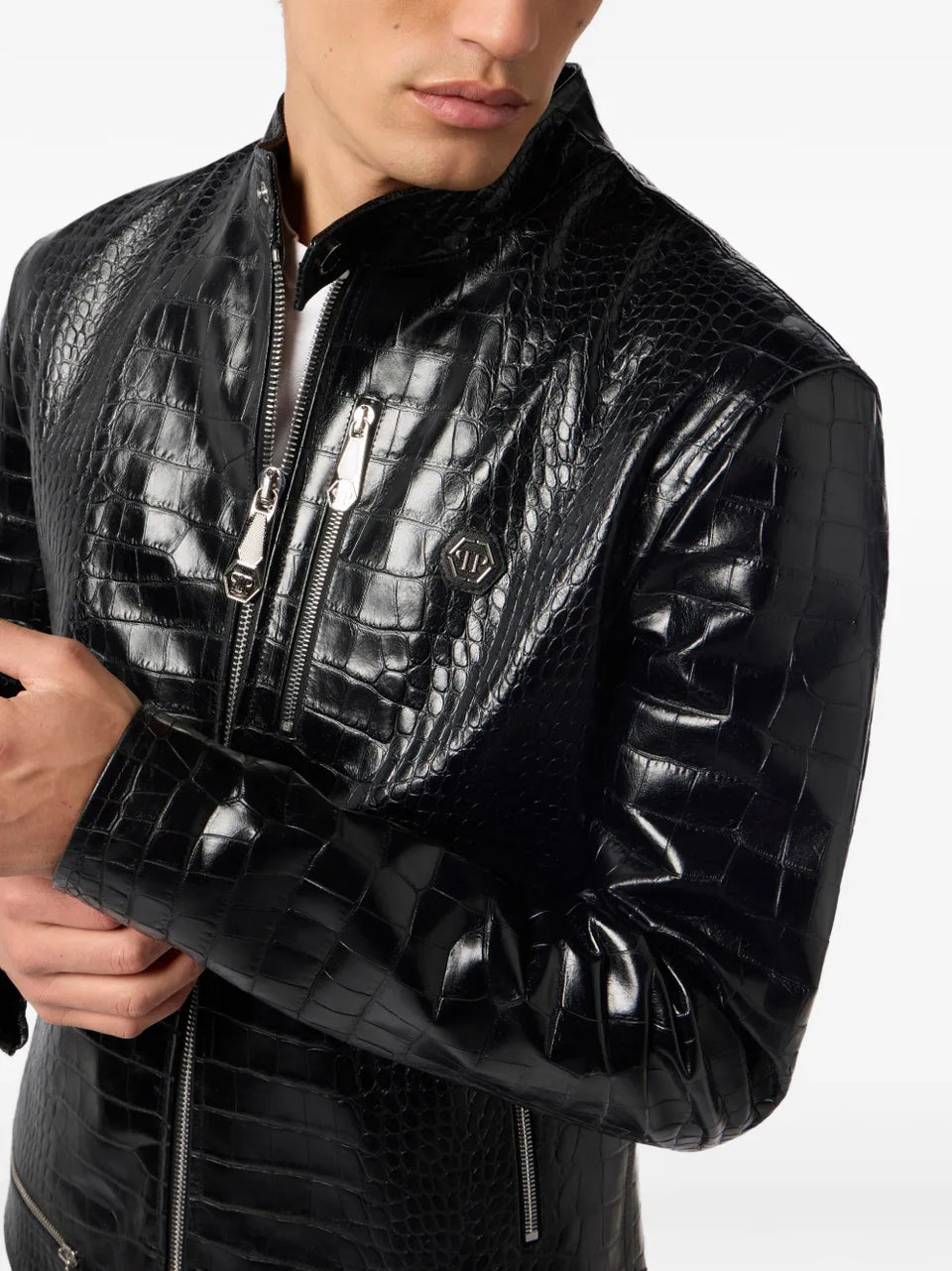 crocodile-print leather jacket