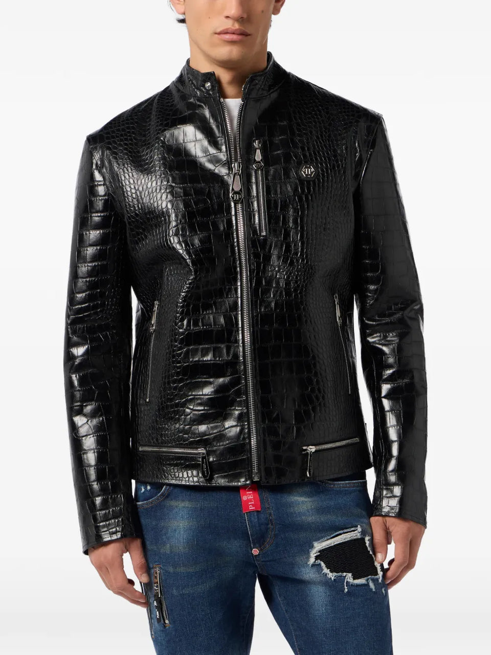 crocodile-print leather jacket