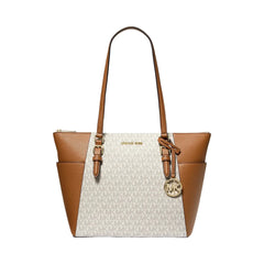 Michael Kors Charlotte Large Logo and Leather Top-Zip Tote Bag Vanilla