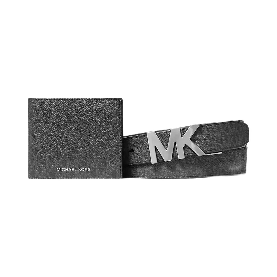 Michael Kors Signature Logo Wallet and Reversible Belt Gift Set Black