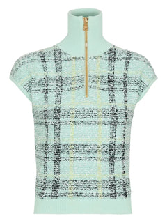 plaid-detail zip-fastening top