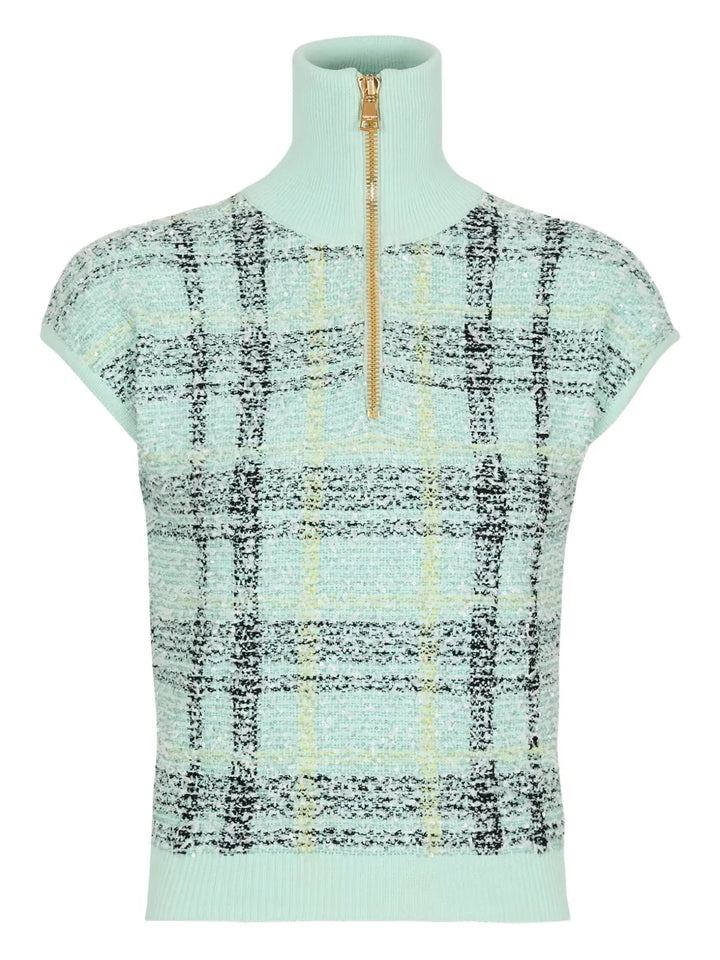 plaid-detail zip-fastening top