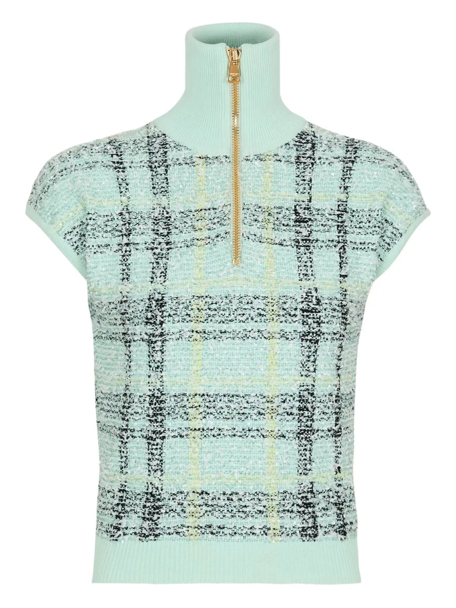 plaid-detail zip-fastening top