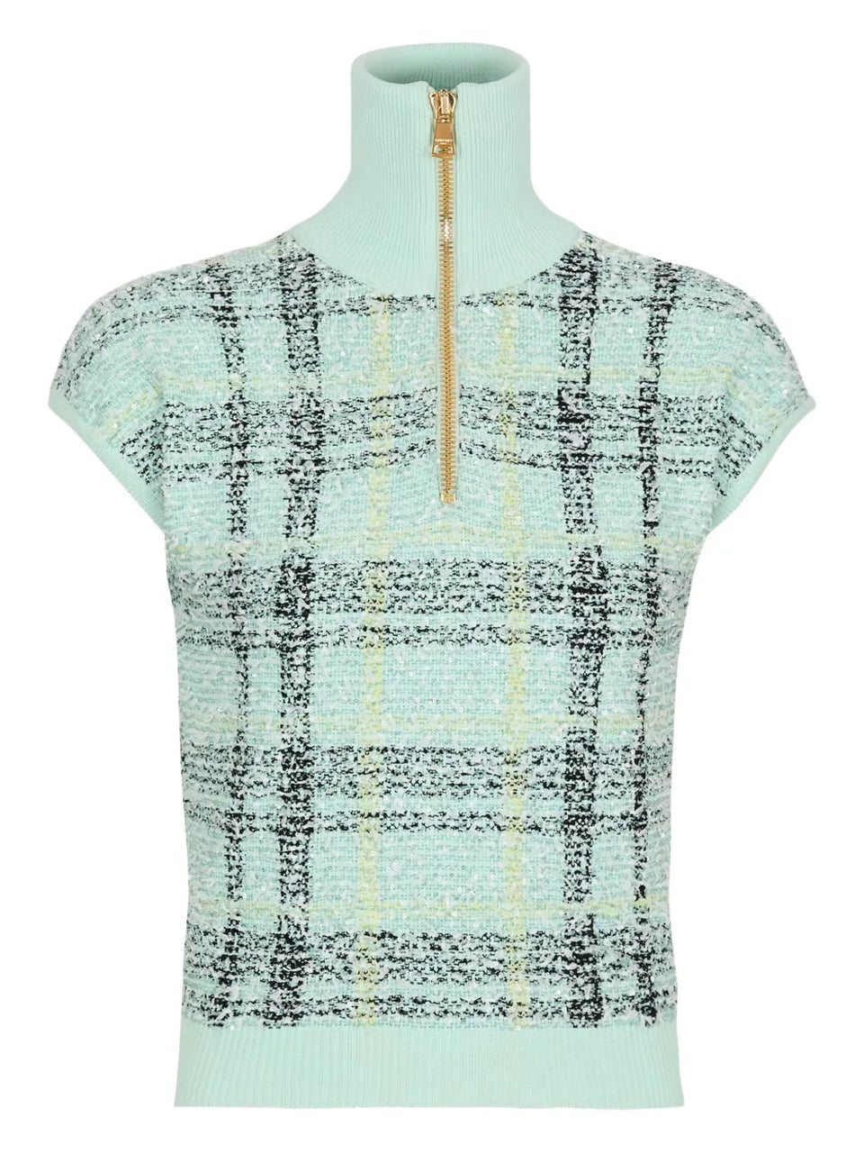 plaid-detail zip-fastening top