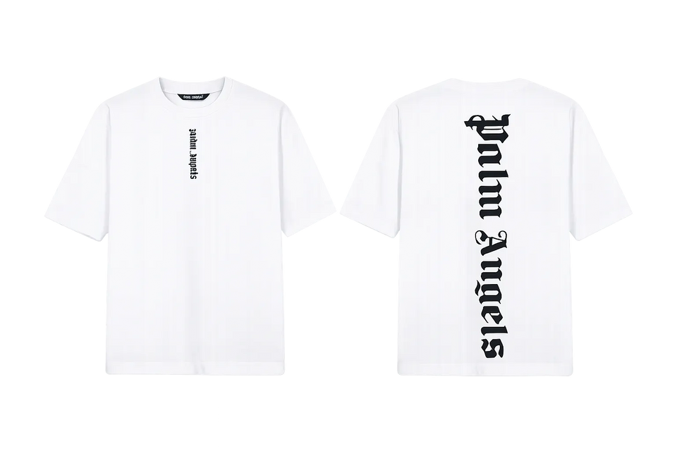 Palm Angels White T-Shirt featuring a large black gothic font logo
