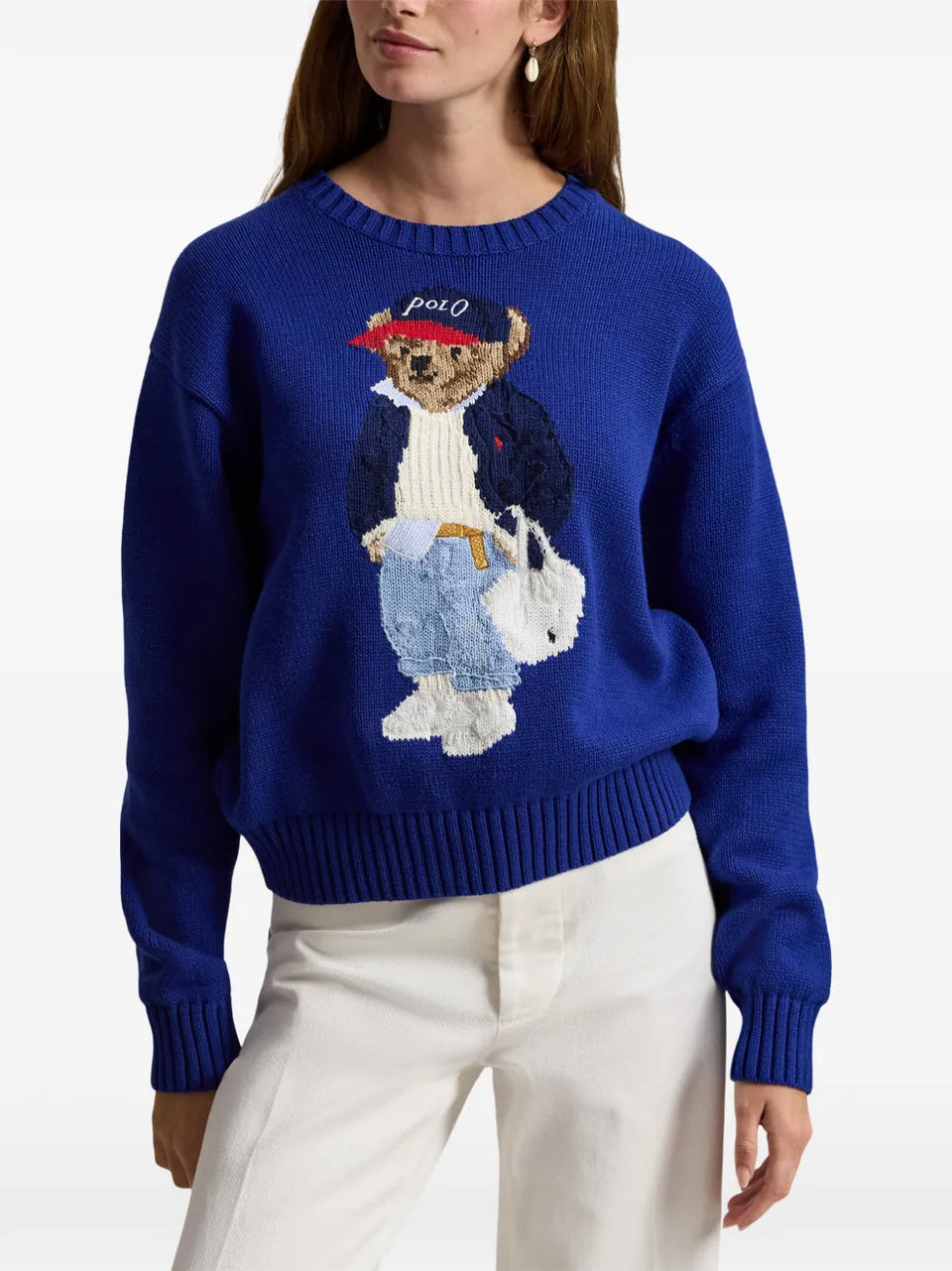 intarsia-knit embroidered polo bear crewneck sweater