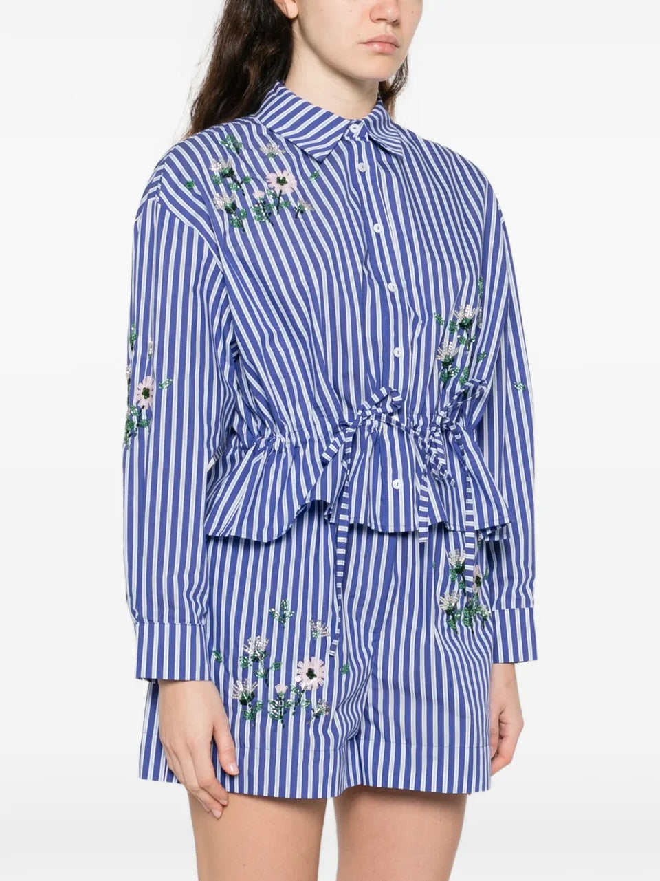 floral-embroidered striped shirt