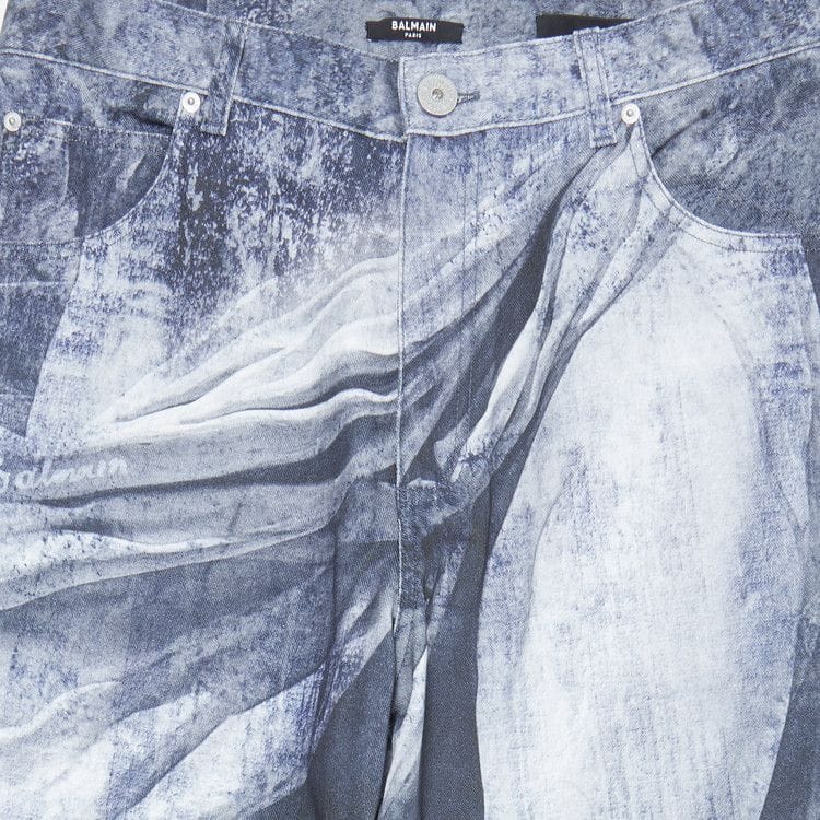 Balmain Statue Printed Loose Denim Pants Blue/Gris