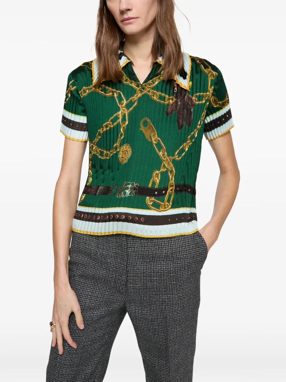 chain-print collared polo top