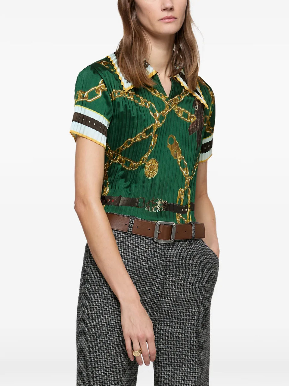 chain-print collared polo top
