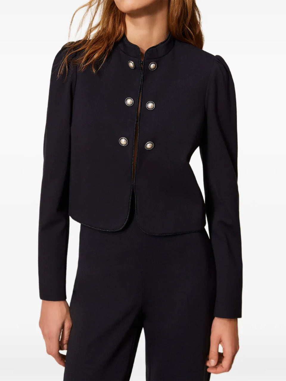 mandarin-collar decorative-button jacket