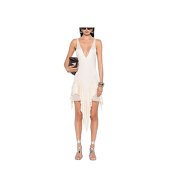 Ivory Ruffled Hem Asymmetric Cut Sleeveless V-Neck Top