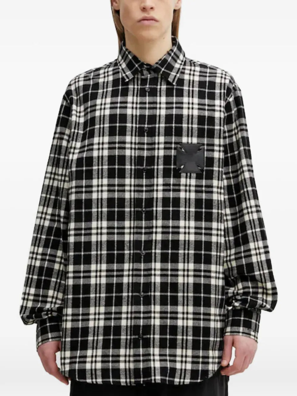 leather cross-patch checked-pattern flannel cotton shirt