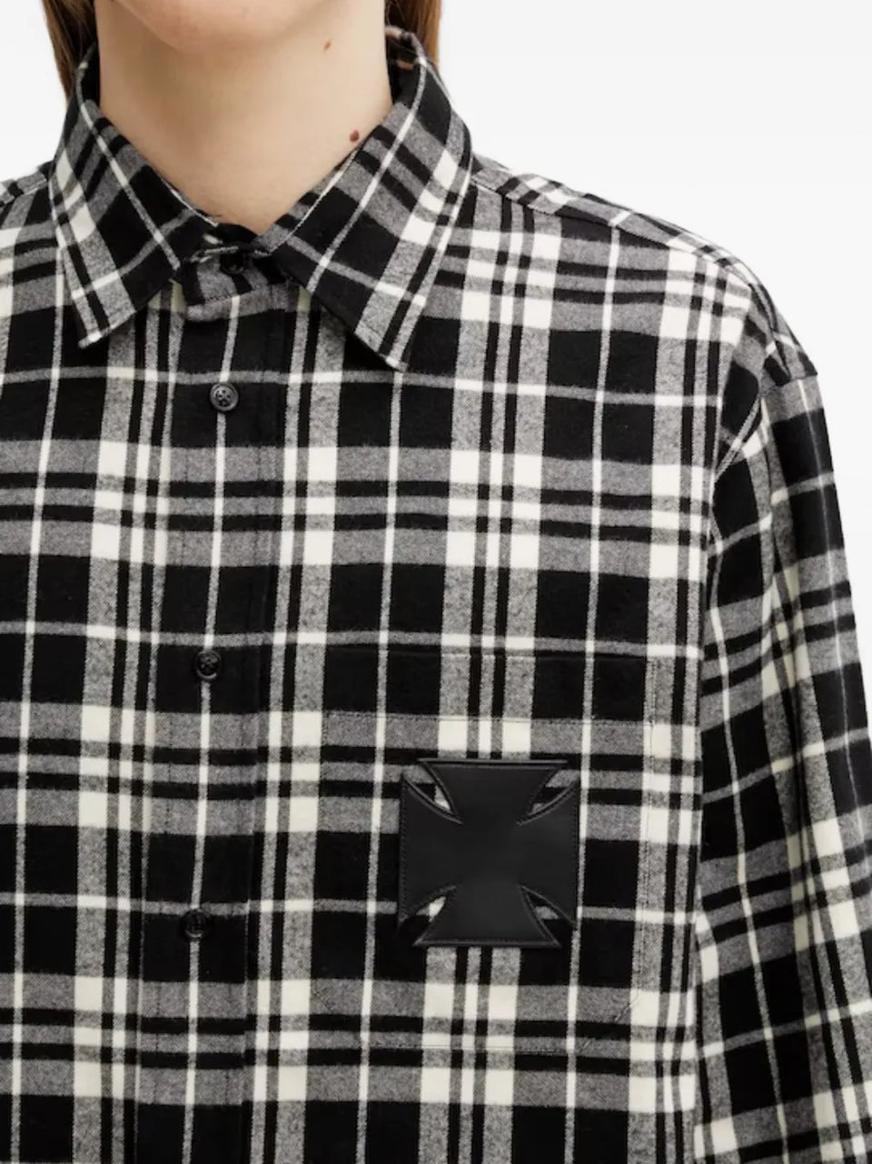 leather cross-patch checked-pattern flannel cotton shirt