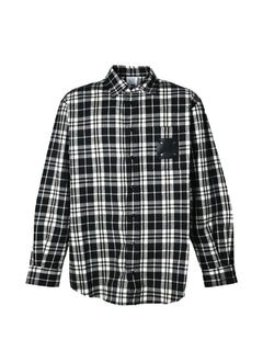 leather cross-patch checked-pattern flannel cotton shirt