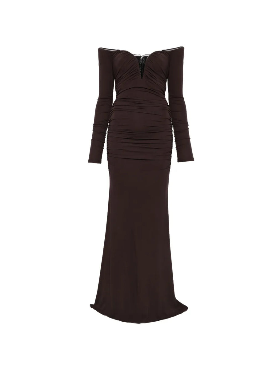 off-the-shoulder gathered maxi dress