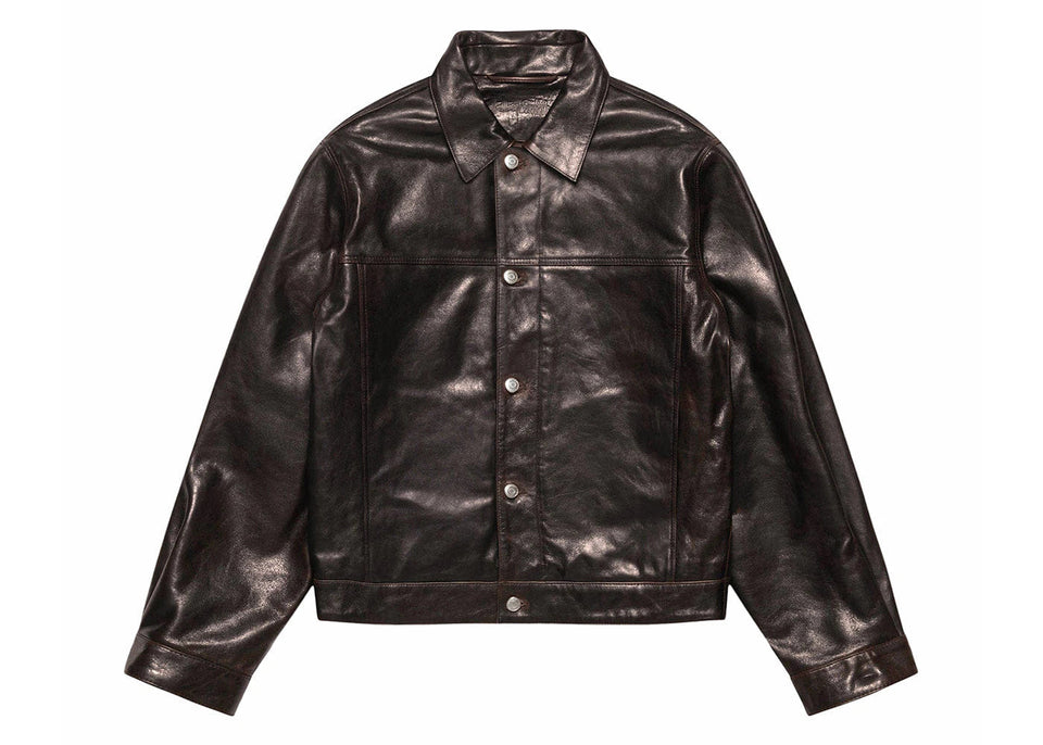 Stussy Trucker Leather Jacket Dark Brown